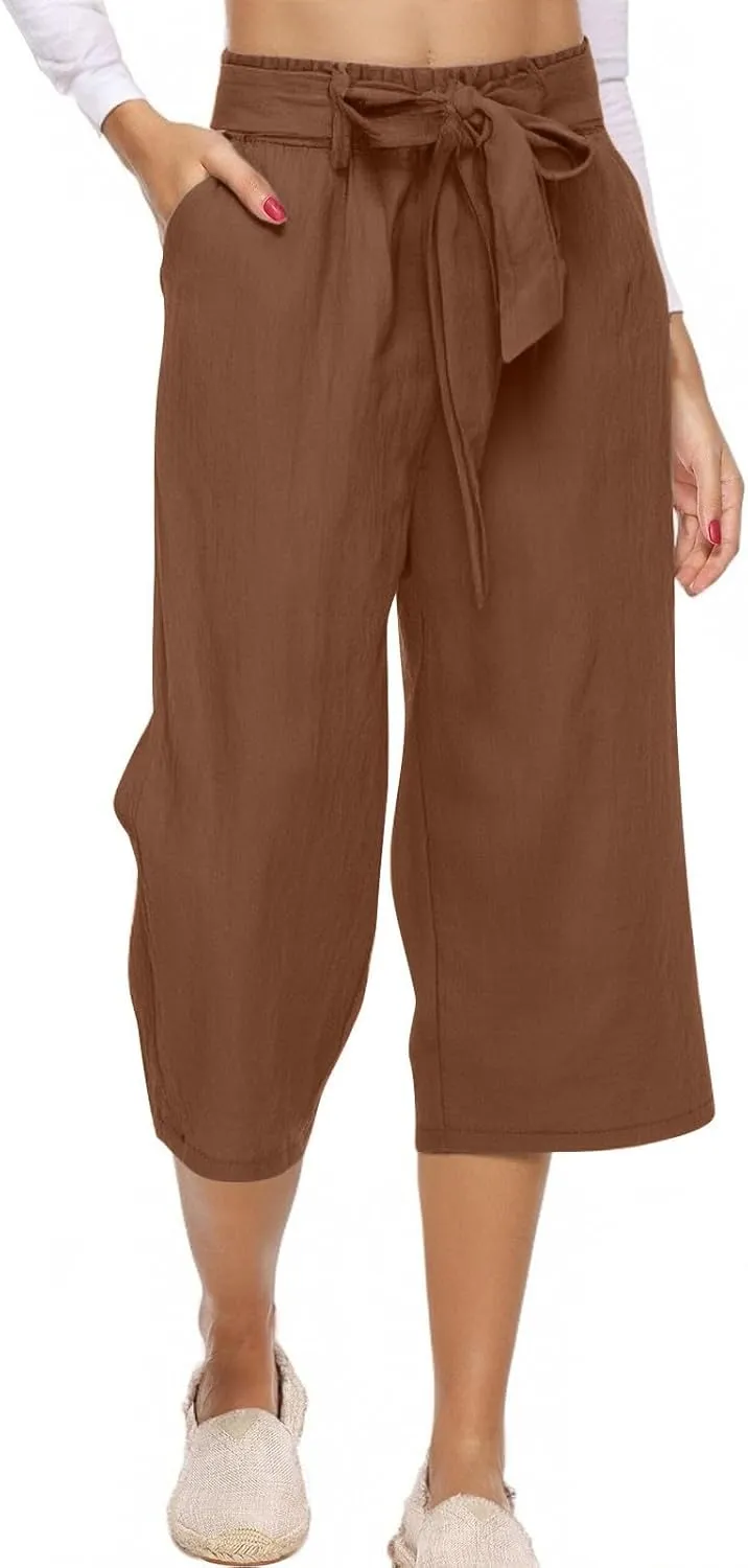 Plus Size Capris for Women Solid Color Elastic High Waist Lounge Pants Drawstring Pocket Wide Leg Cropped Trousers