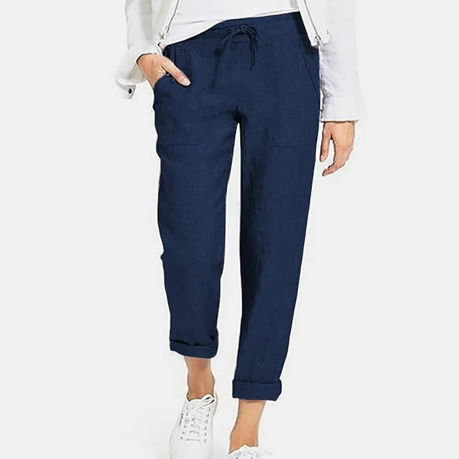 Plus Size Cotton Pants for Women Linen Blend Plus Size Drawstring Pants Folded Hem Lightweight Summer Pants