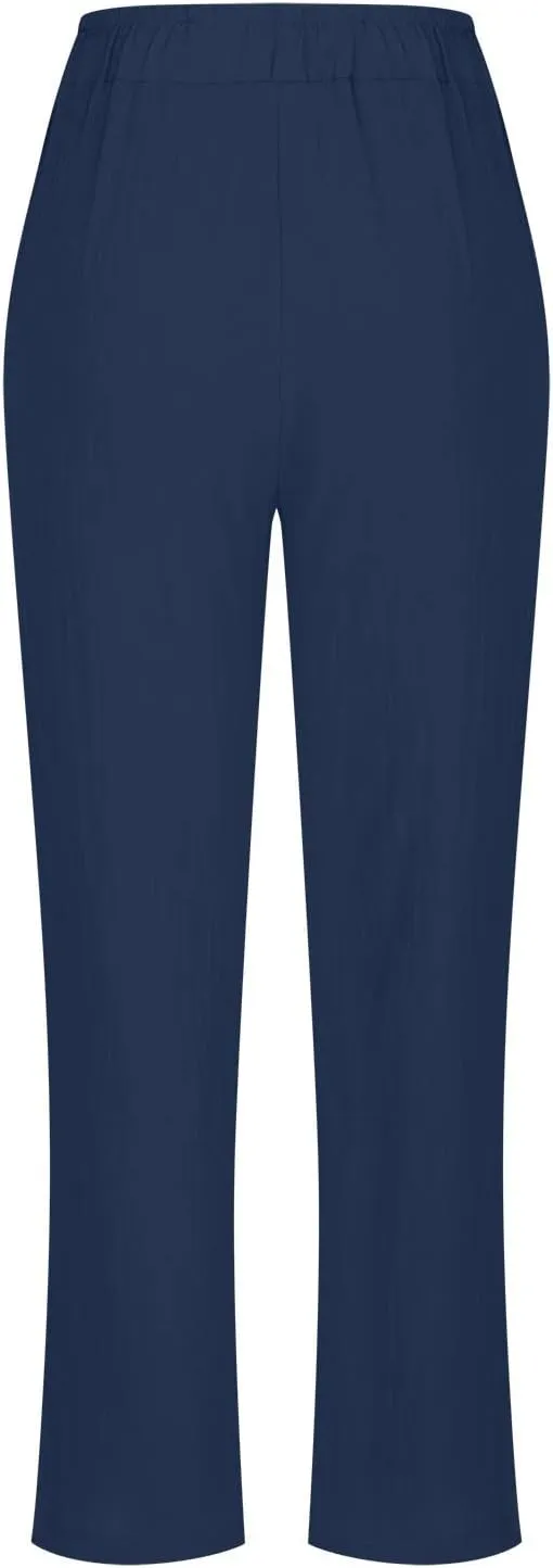 Plus Size Cotton Pants for Women Linen Blend Plus Size Drawstring Pants Folded Hem Lightweight Summer Pants
