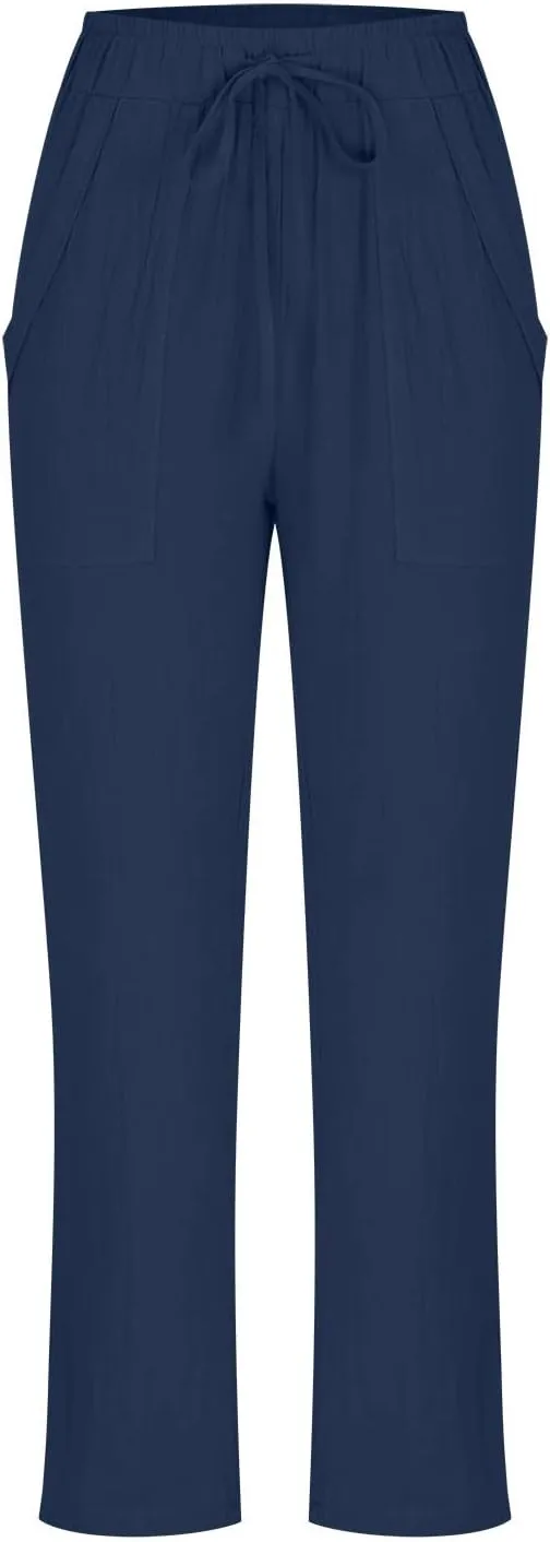 Plus Size Cotton Pants for Women Linen Blend Plus Size Drawstring Pants Folded Hem Lightweight Summer Pants