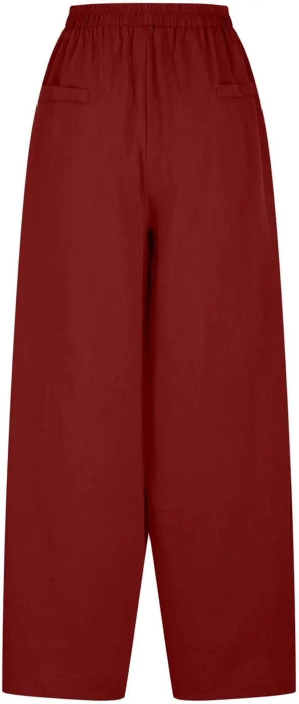 Plus Size Spring Cotton Linen Trousers for Women's Solid Elastic Waist Straight Tube Casual Wide Leg Lounge Pants