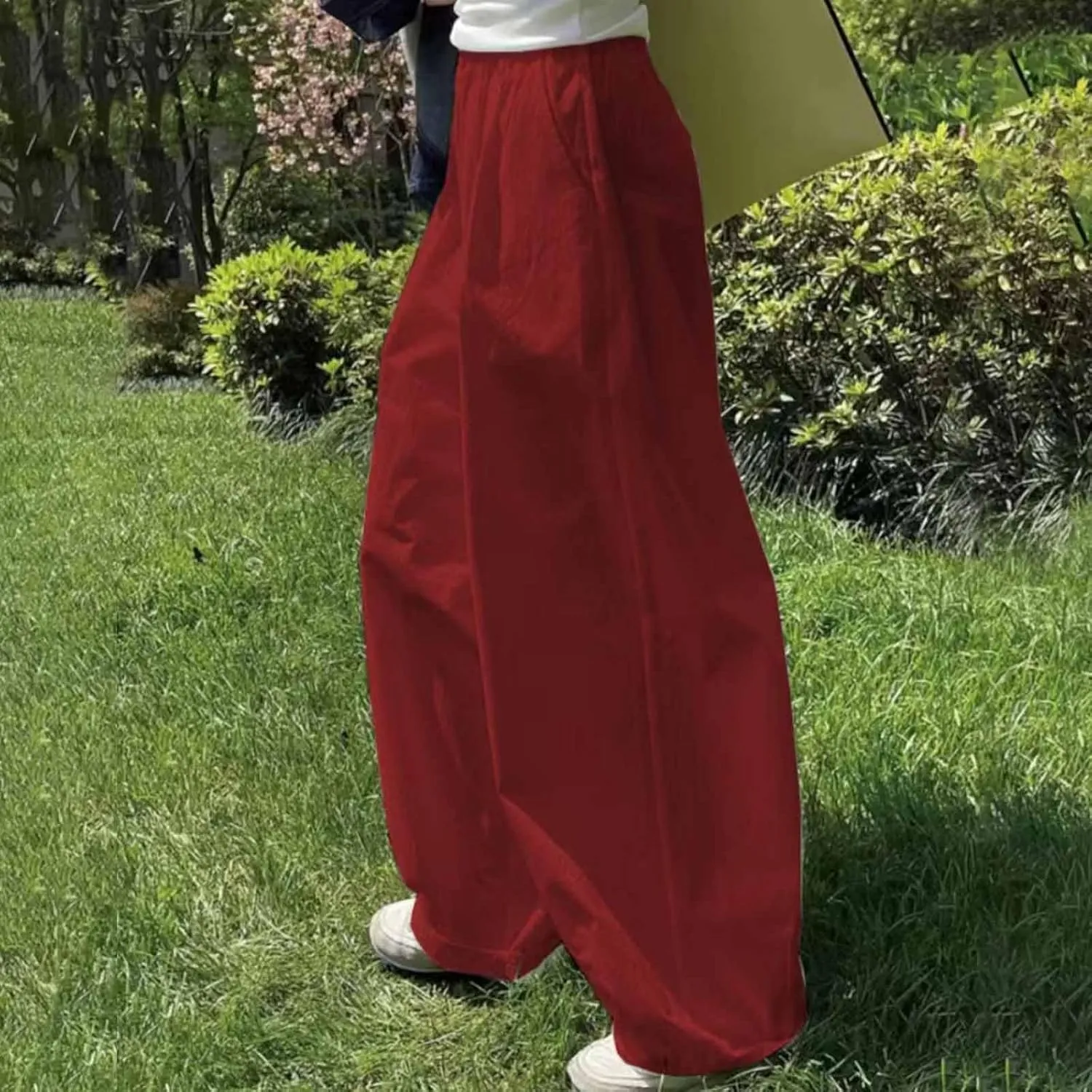 Plus Size Spring Cotton Linen Trousers for Women's Solid Elastic Waist Straight Tube Casual Wide Leg Lounge Pants