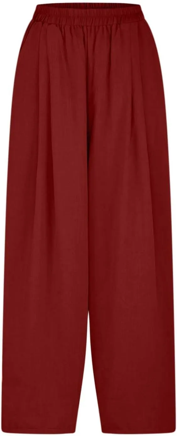 Plus Size Spring Cotton Linen Trousers for Women's Solid Elastic Waist Straight Tube Casual Wide Leg Lounge Pants