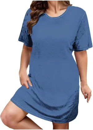 Plus Size Summer Dresses for Women Short Sleeve Casual Dress Loose Round Neck Solid Color Sundress Beach Dress