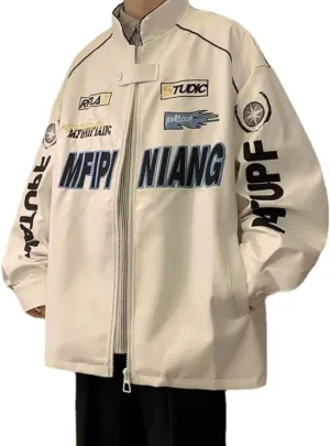 POHADON Mens Varsity Jacket PU Leather Vintage Racing Motor Biker Graphic Bomber Jackets Oversized Unisex Y2k Streetwear