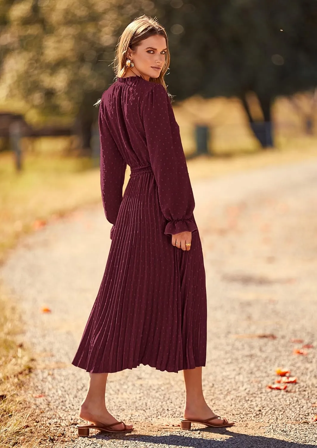 PRETTYGARDEN Women's 2025 Spring Fall Midi Dress Casual Long Sleeve V Neck Swiss Dot Pleated A Line Flowy Dresses