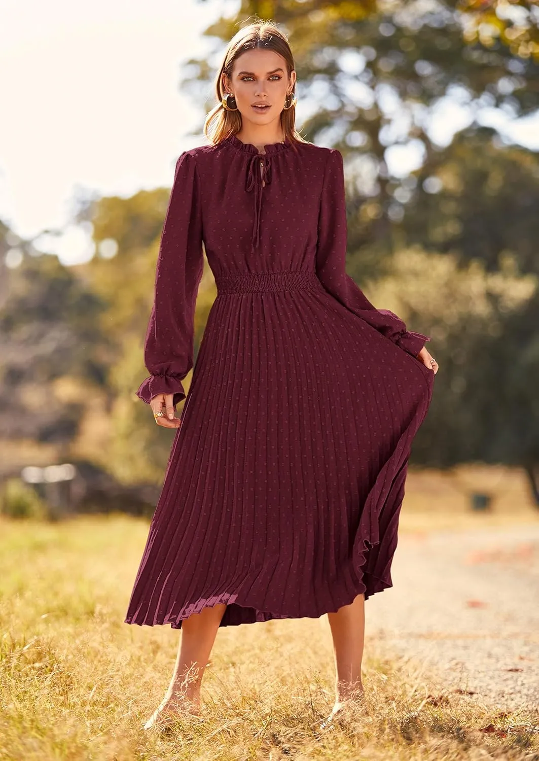PRETTYGARDEN Women's 2025 Spring Fall Midi Dress Casual Long Sleeve V Neck Swiss Dot Pleated A Line Flowy Dresses