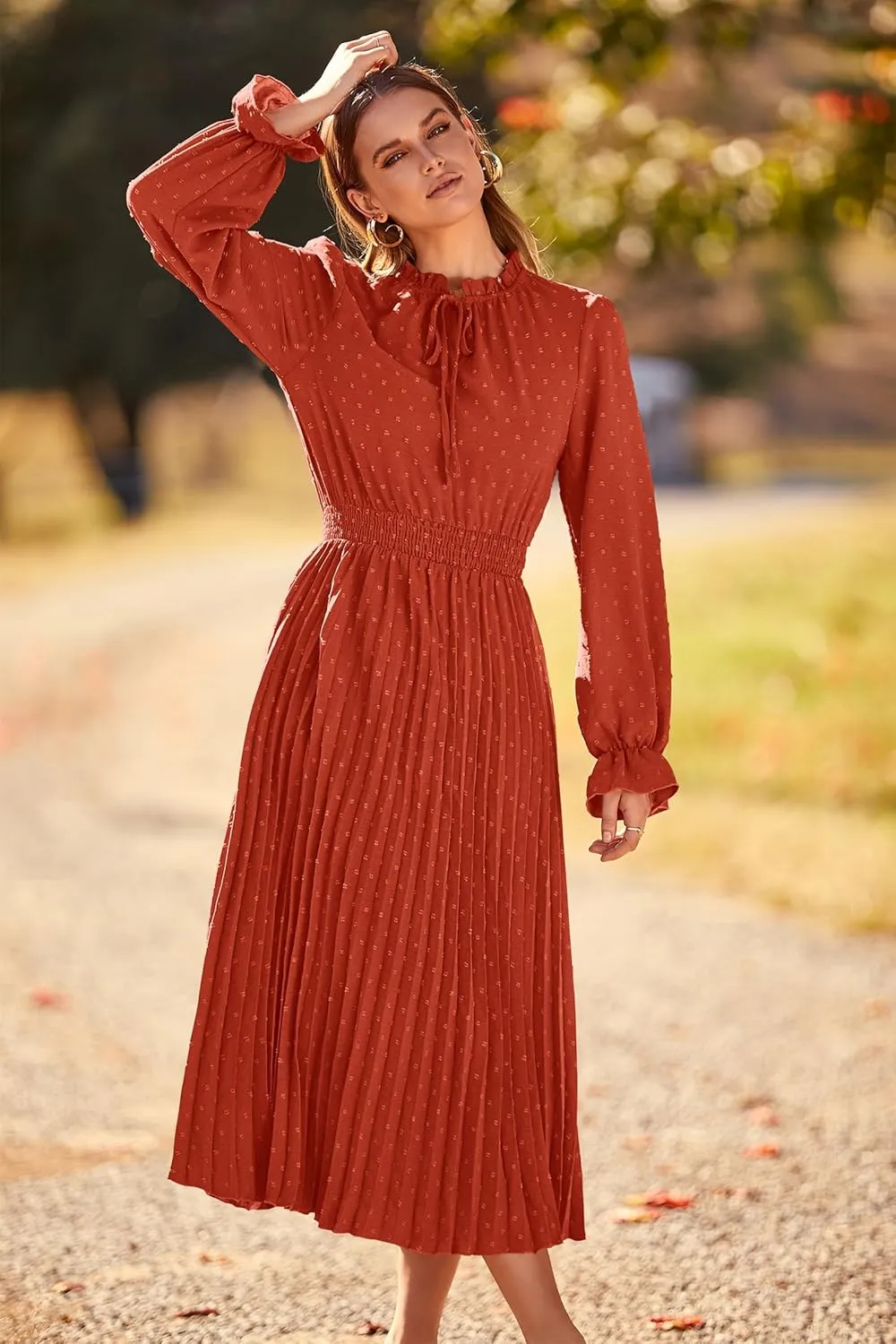 PRETTYGARDEN Women's 2025 Spring Fall Midi Dress Casual Long Sleeve V Neck Swiss Dot Pleated A Line Flowy Dresses