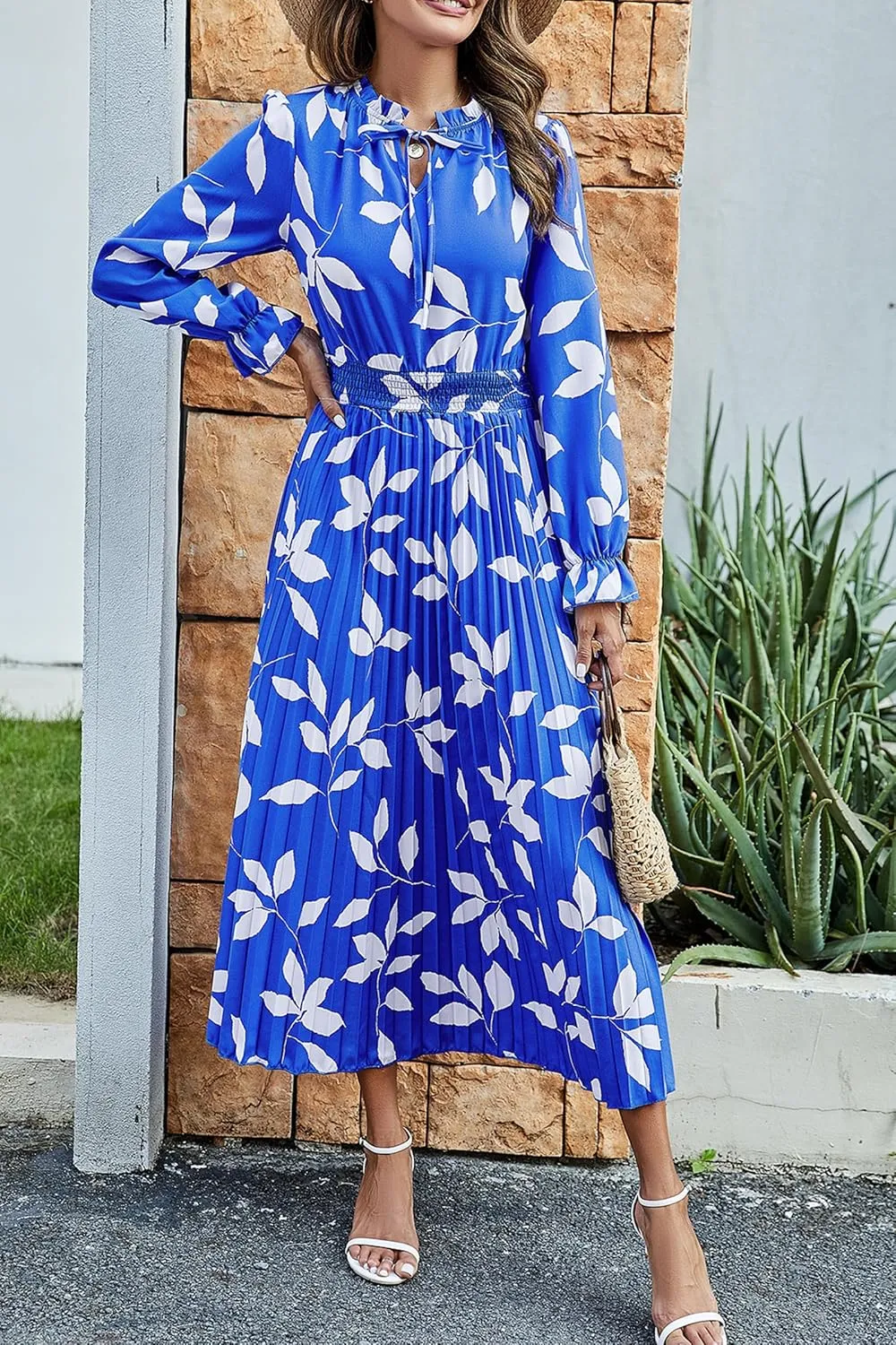 PRETTYGARDEN Women's 2025 Spring Fall Midi Dress Casual Long Sleeve V Neck Swiss Dot Pleated A Line Flowy Dresses