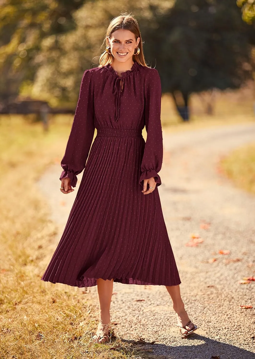 PRETTYGARDEN Women's 2025 Spring Fall Midi Dress Casual Long Sleeve V Neck Swiss Dot Pleated A Line Flowy Dresses