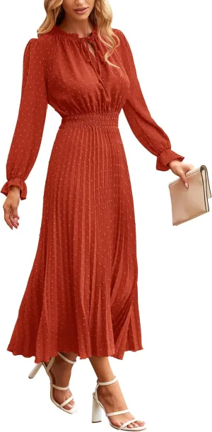 PRETTYGARDEN Women's 2025 Spring Fall Midi Dress Casual Long Sleeve V Neck Swiss Dot Pleated A Line Flowy Dresses