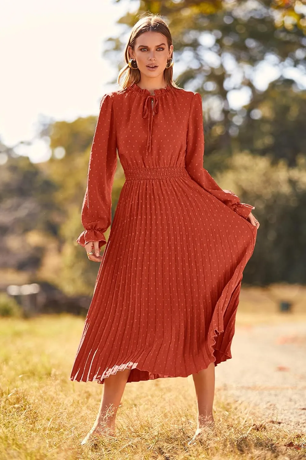 PRETTYGARDEN Women's 2025 Spring Fall Midi Dress Casual Long Sleeve V Neck Swiss Dot Pleated A Line Flowy Dresses