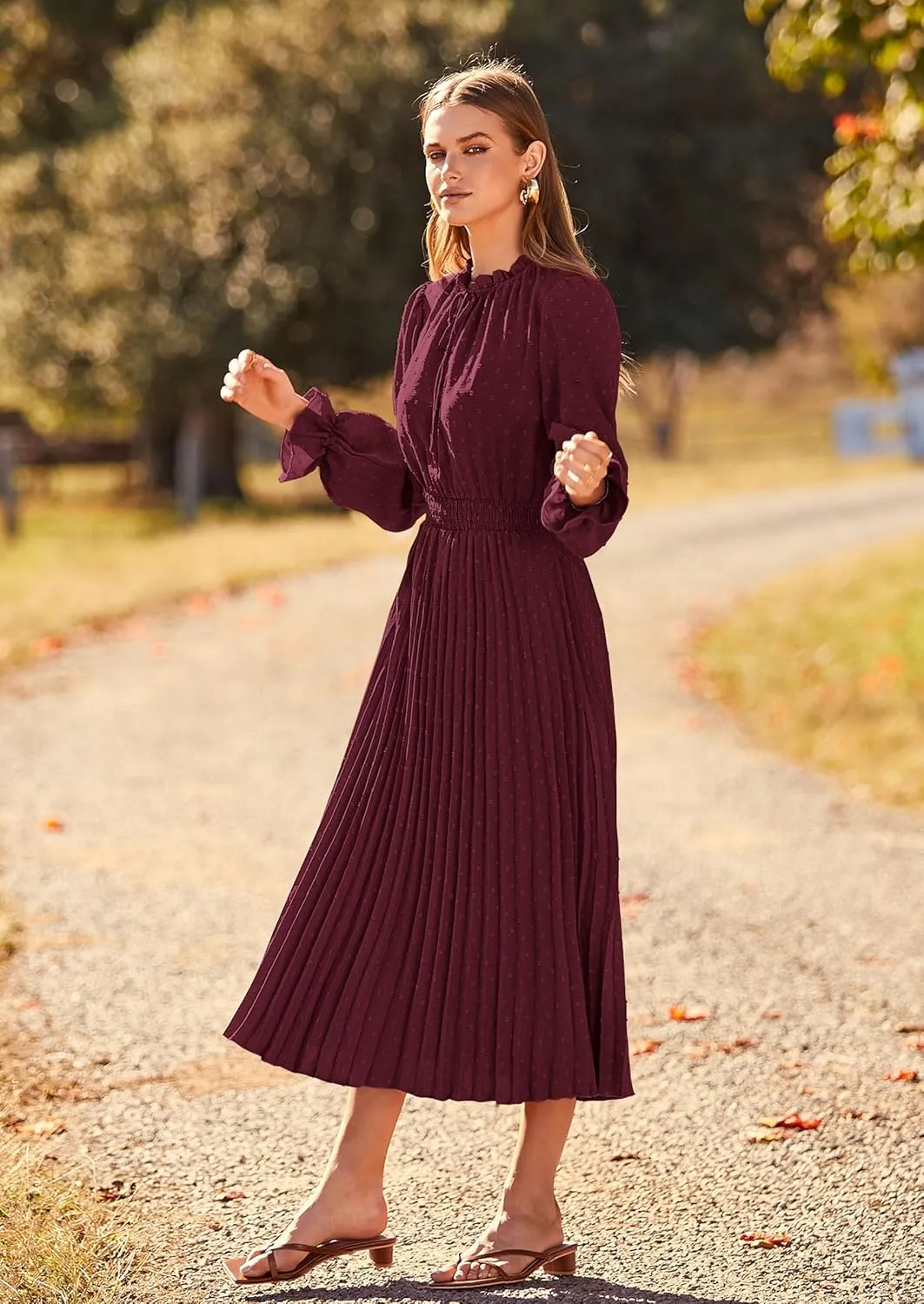 PRETTYGARDEN Women's 2025 Spring Fall Midi Dress Casual Long Sleeve V Neck Swiss Dot Pleated A Line Flowy Dresses