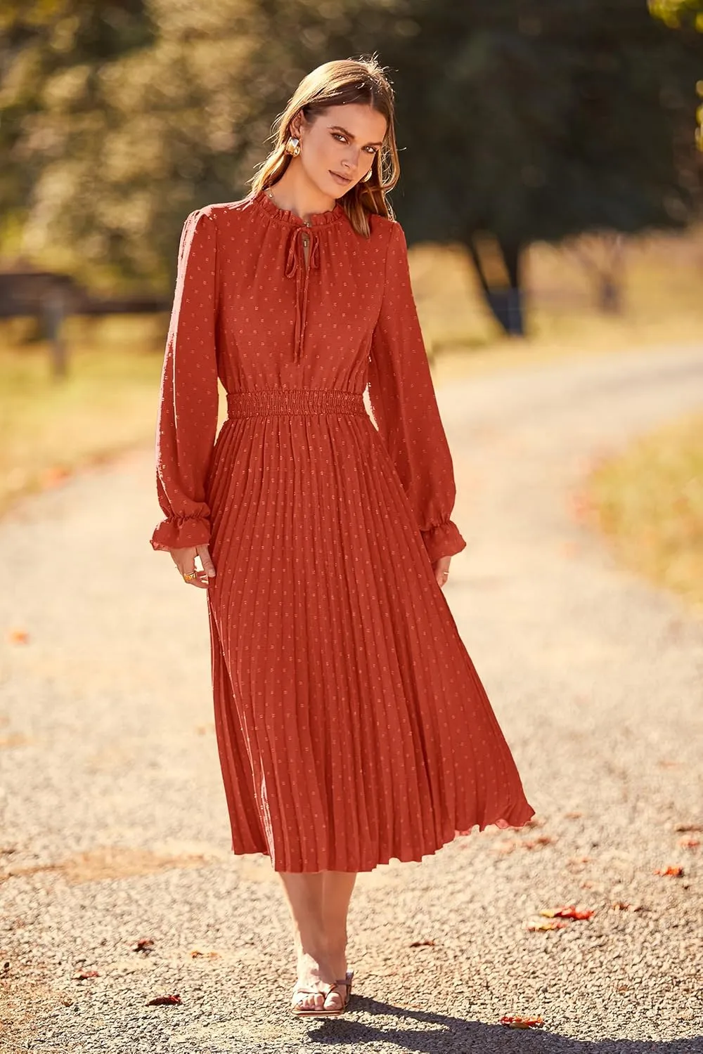 PRETTYGARDEN Women's 2025 Spring Fall Midi Dress Casual Long Sleeve V Neck Swiss Dot Pleated A Line Flowy Dresses