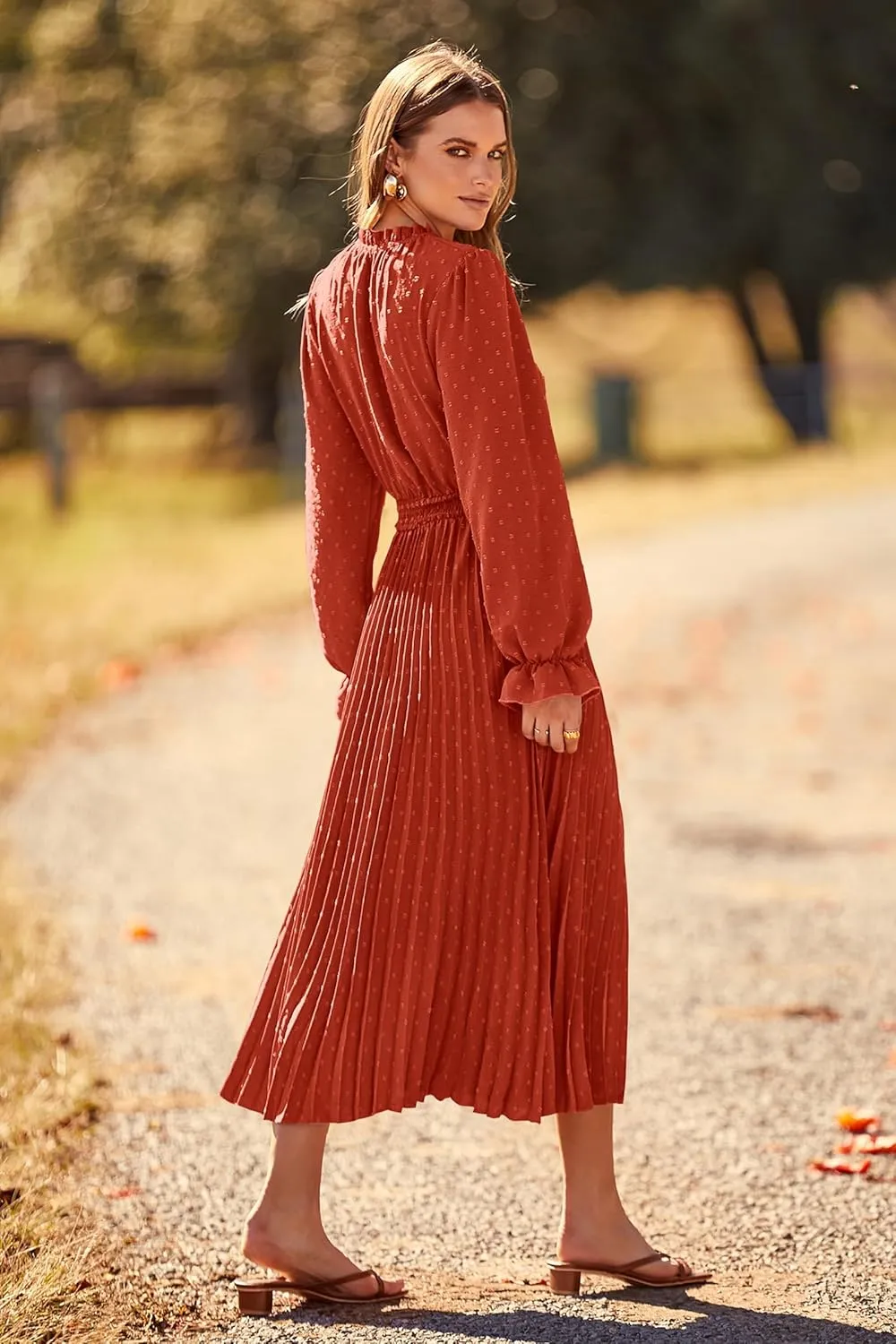 PRETTYGARDEN Women's 2025 Spring Fall Midi Dress Casual Long Sleeve V Neck Swiss Dot Pleated A Line Flowy Dresses