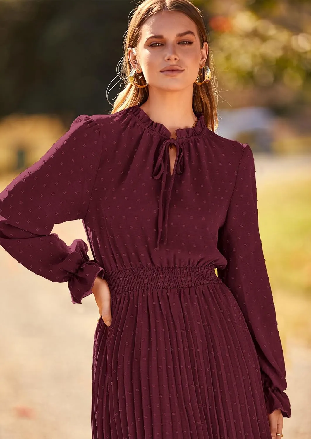 PRETTYGARDEN Women's 2025 Spring Fall Midi Dress Casual Long Sleeve V Neck Swiss Dot Pleated A Line Flowy Dresses