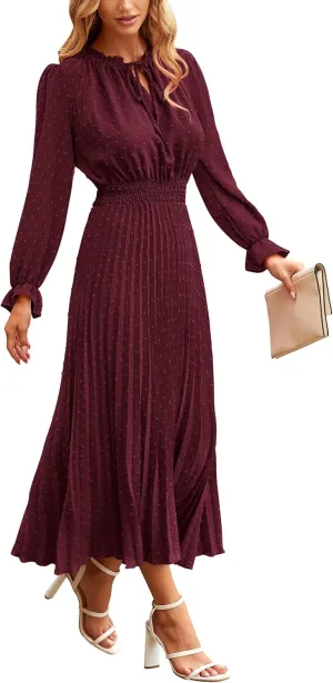 PRETTYGARDEN Women's 2025 Spring Fall Midi Dress Casual Long Sleeve V Neck Swiss Dot Pleated A Line Flowy Dresses