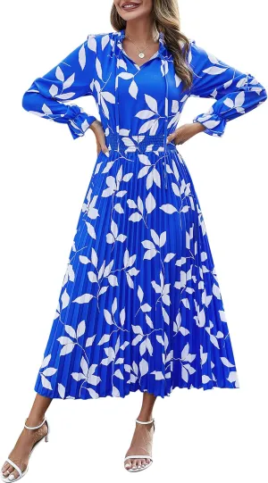 PRETTYGARDEN Women's 2025 Spring Fall Midi Dress Casual Long Sleeve V Neck Swiss Dot Pleated A Line Flowy Dresses