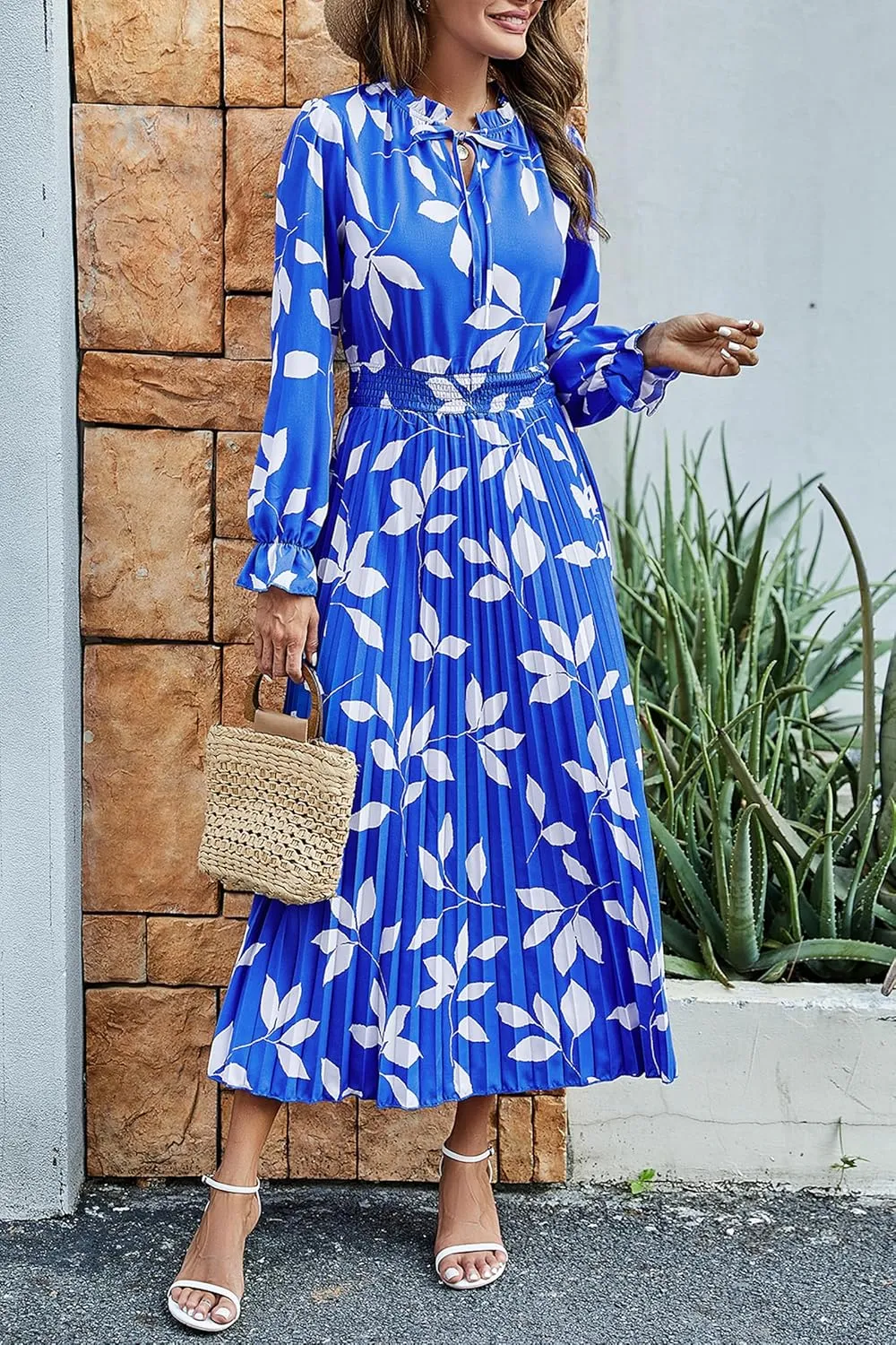 PRETTYGARDEN Women's 2025 Spring Fall Midi Dress Casual Long Sleeve V Neck Swiss Dot Pleated A Line Flowy Dresses