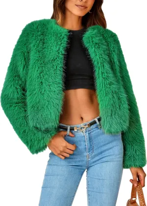 PRETTYGARDEN Women's 2025 Winter Coats Fleece Cropped Jacket Faux Fur Long Sleeve Pockets Shaggy Warm Outerwear Fall Clothes