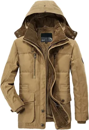 Pulcykp Men Casual Cotton Hat Jacket Parkas Outdoor Trench Padded Coats Winter Warm Fleece Detachable Parkas