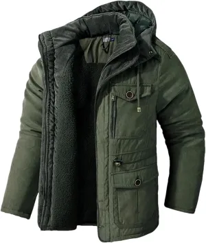 Pulcykp Men's Thicken Fleece Hooded Coats Outdoor Military Warm Winter Jacket Parkas Cotton-Padded Windbreaker