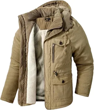 Pulcykp Men's Thicken Fleece Hooded Coats Outdoor Military Warm Winter Jacket Parkas Cotton-Padded Windbreaker