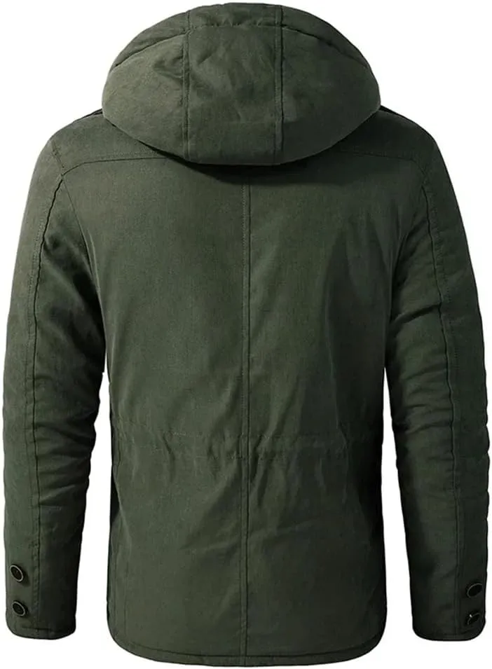 Pulcykp Men's Thicken Fleece Hooded Coats Outdoor Military Warm Winter Jacket Parkas Cotton-Padded Windbreaker