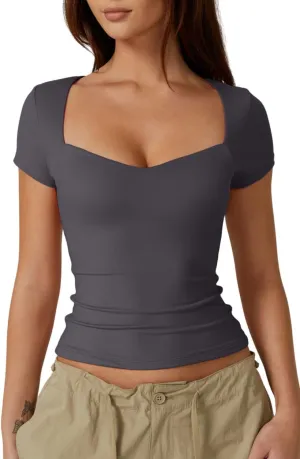 QINSEN Womens Sweetheart Neck Short Sleeve T Shirts Slim Fit Basic Tee Trendy Crop Top
