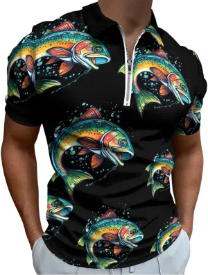 Rainbow Trout Print Mens Polo Shirts Quick Dry Short Sleeve Zip Up T-Shirt Tee Top