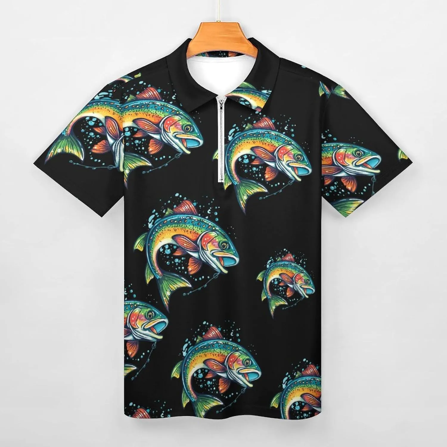 Rainbow Trout Print Mens Polo Shirts Quick Dry Short Sleeve Zip Up T-Shirt Tee Top