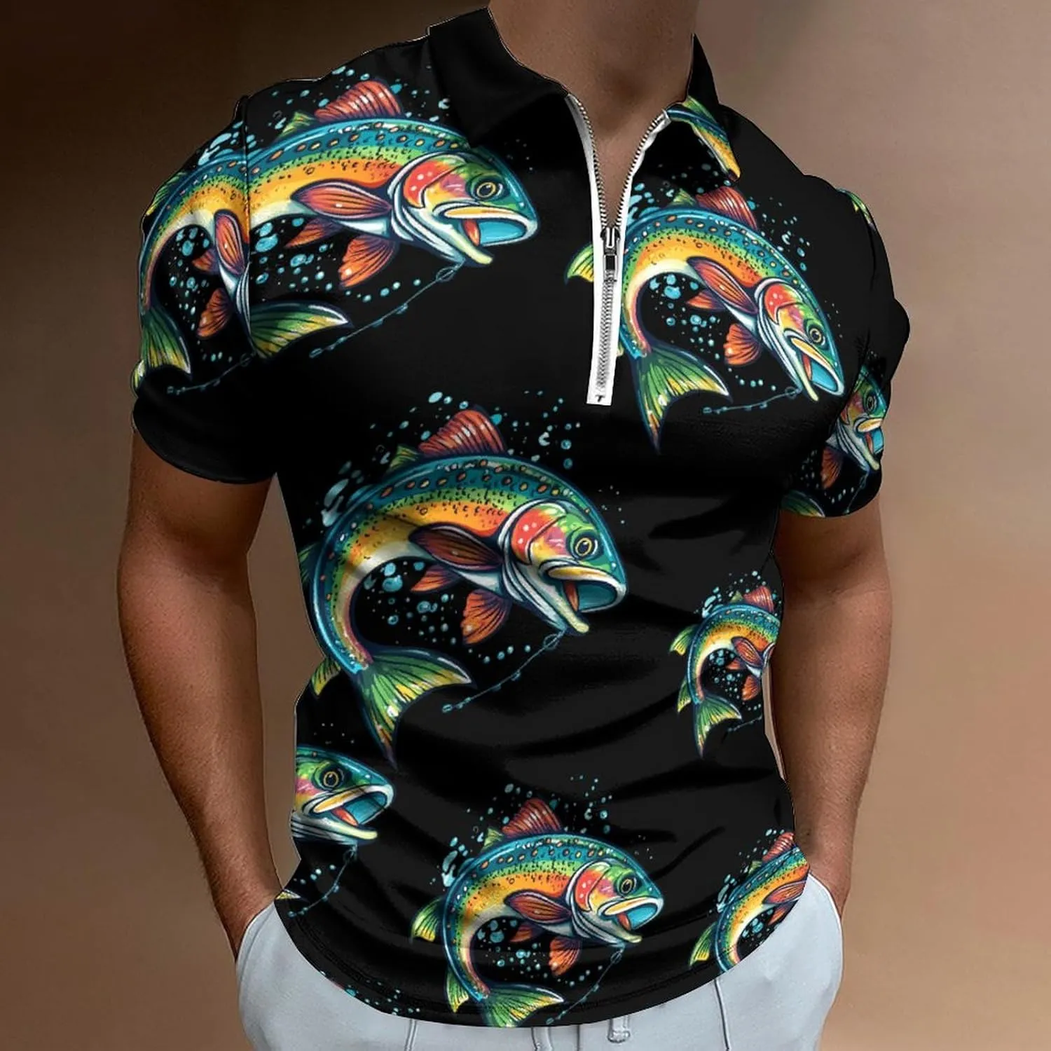 Rainbow Trout Print Mens Polo Shirts Quick Dry Short Sleeve Zip Up T-Shirt Tee Top