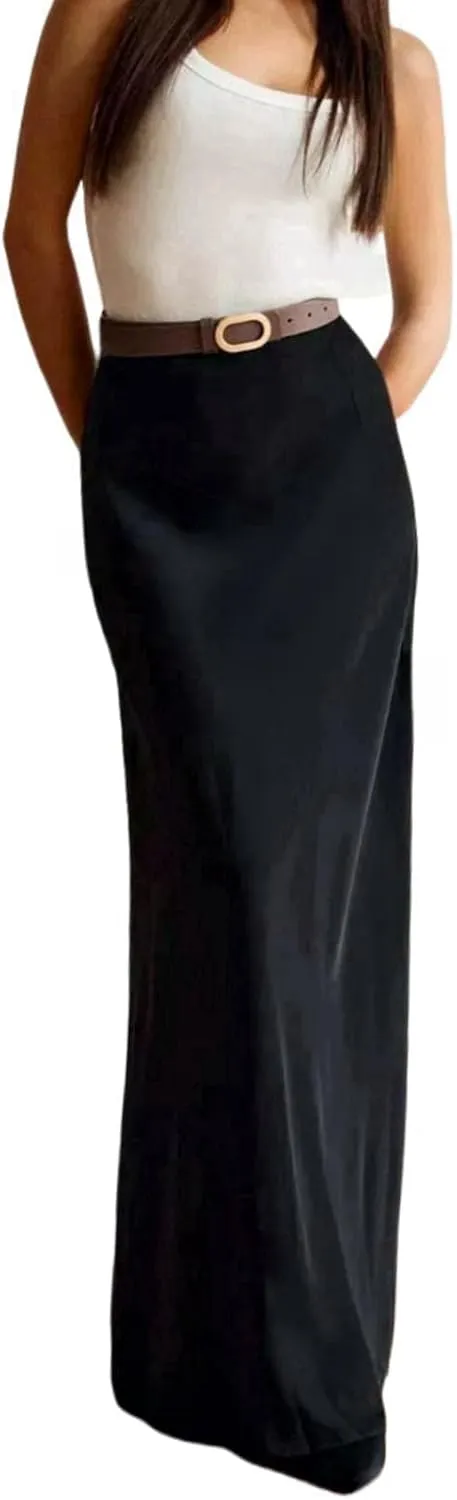 RARITYUS Womens Silky Satin High Waist Maxi Skirt Elegant Flowy A Line Long Skirt Elastic Bodycon Mermaid Skirt