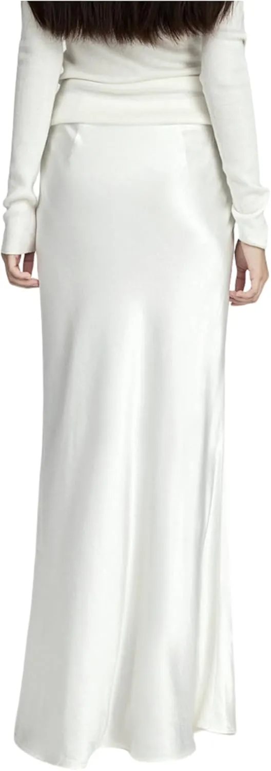 RARITYUS Womens Silky Satin High Waist Maxi Skirt Elegant Flowy A Line Long Skirt Elastic Bodycon Mermaid Skirt