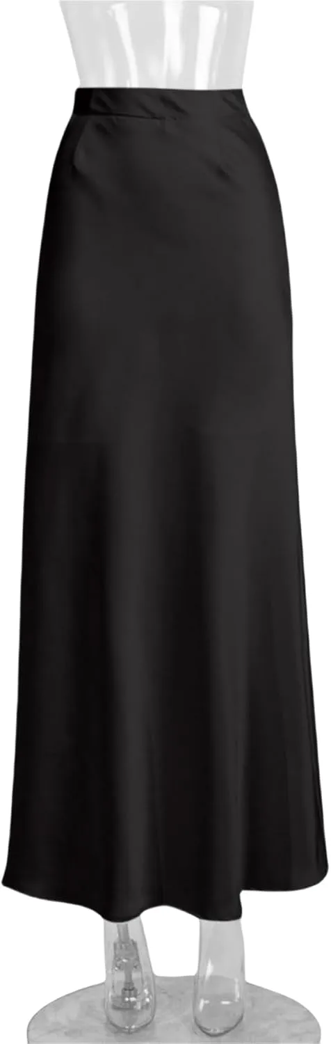 RARITYUS Womens Silky Satin High Waist Maxi Skirt Elegant Flowy A Line Long Skirt Elastic Bodycon Mermaid Skirt