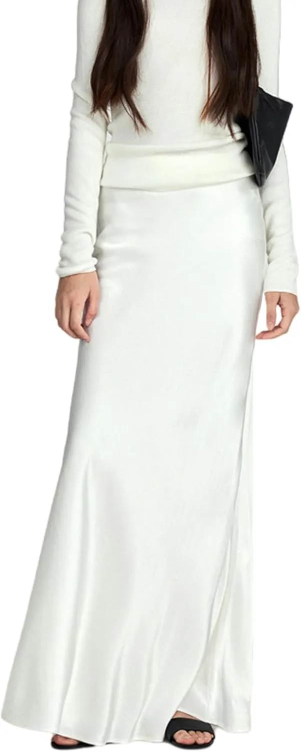 RARITYUS Womens Silky Satin High Waist Maxi Skirt Elegant Flowy A Line Long Skirt Elastic Bodycon Mermaid Skirt
