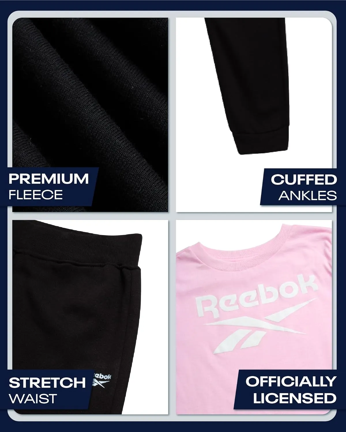 Reebok Girls' Activewear Set - 3 Piece Stylish Graphic T-Shirt, Fleece Pullover Hoodie, and Jogger Sweatpants (Size: 4-12)