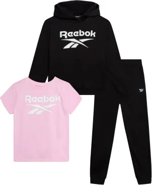 Reebok Girls' Activewear Set - 3 Piece Stylish Graphic T-Shirt, Fleece Pullover Hoodie, and Jogger Sweatpants (Size: 4-12)