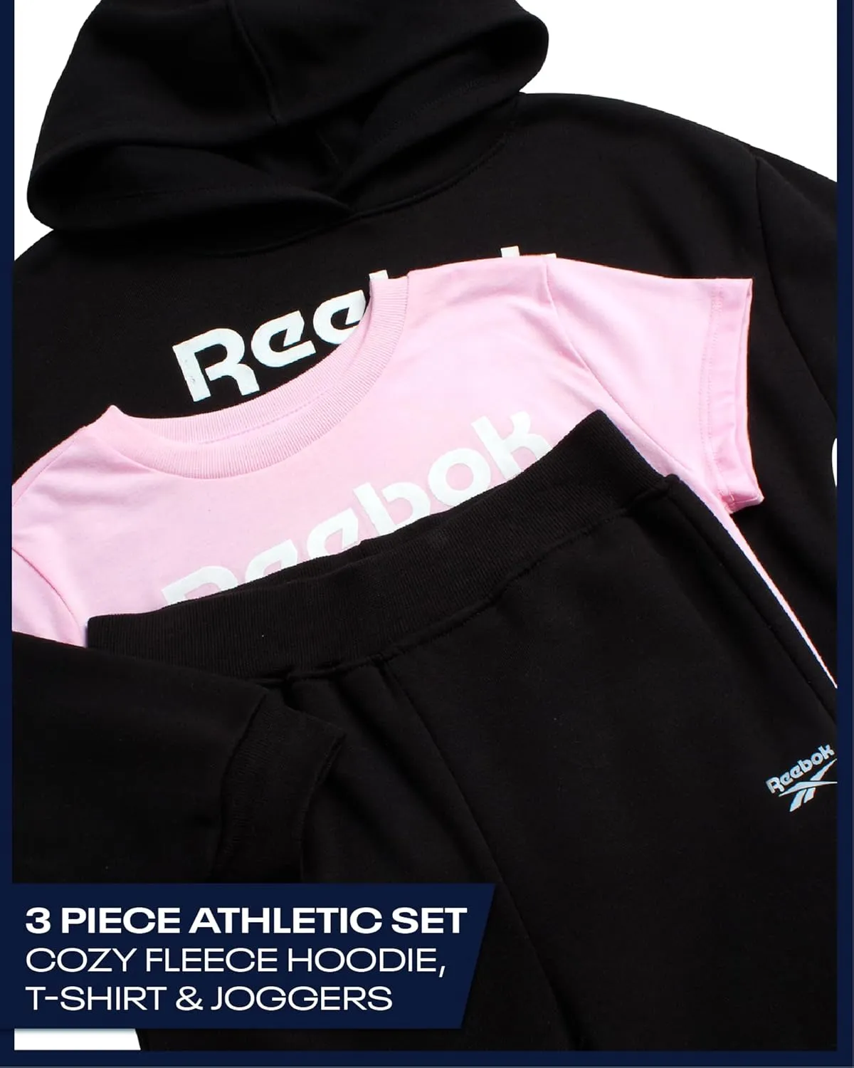 Reebok Girls' Activewear Set - 3 Piece Stylish Graphic T-Shirt, Fleece Pullover Hoodie, and Jogger Sweatpants (Size: 4-12)