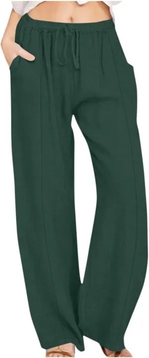Ruziyoog Women's Cotton Linen Pants Summer Drawstring Waist Wide Leg Lounge Palazzo Pants Casual Loose Yoga Trousers