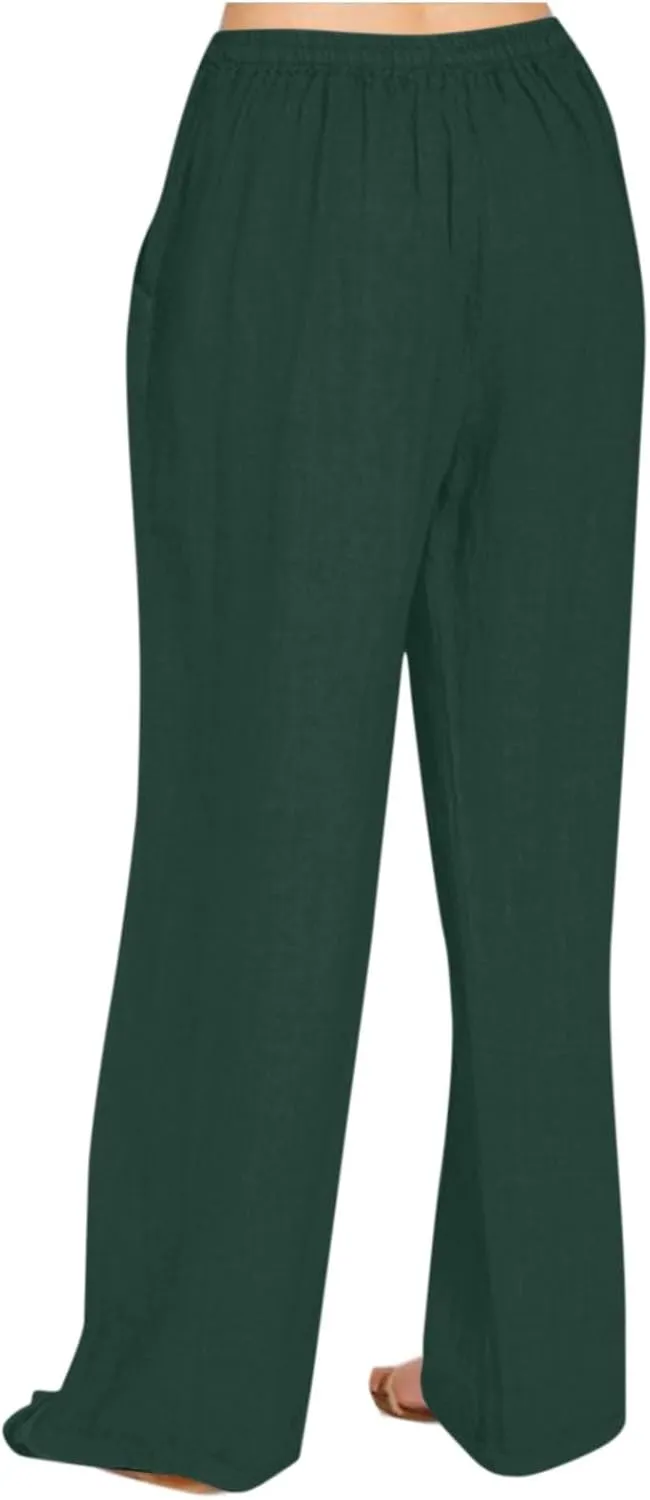 Ruziyoog Women's Cotton Linen Pants Summer Drawstring Waist Wide Leg Lounge Palazzo Pants Casual Loose Yoga Trousers