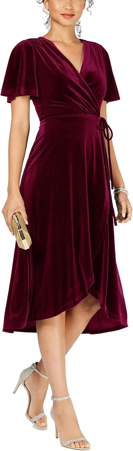 R.Vivimos Womens Velvet Pleated Wrap Tie Waist Elegant Flowy Party Plus Size Midi Dresses
