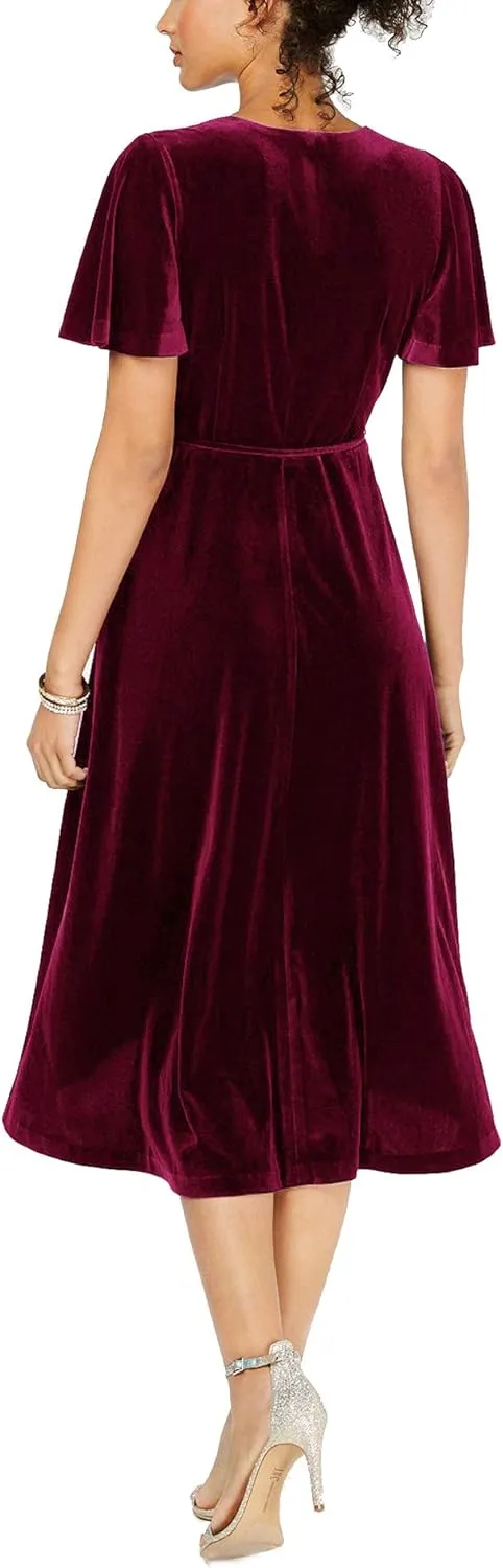 R.Vivimos Womens Velvet Pleated Wrap Tie Waist Elegant Flowy Party Plus Size Midi Dresses