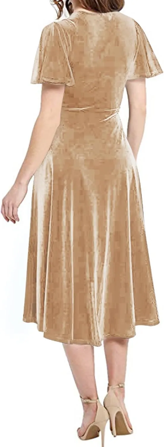 R.Vivimos Womens Velvet Pleated Wrap Tie Waist Elegant Flowy Party Plus Size Midi Dresses