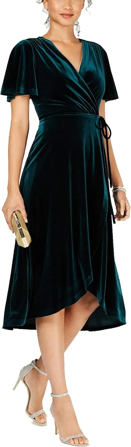 R.Vivimos Womens Velvet Pleated Wrap Tie Waist Elegant Flowy Party Plus Size Midi Dresses