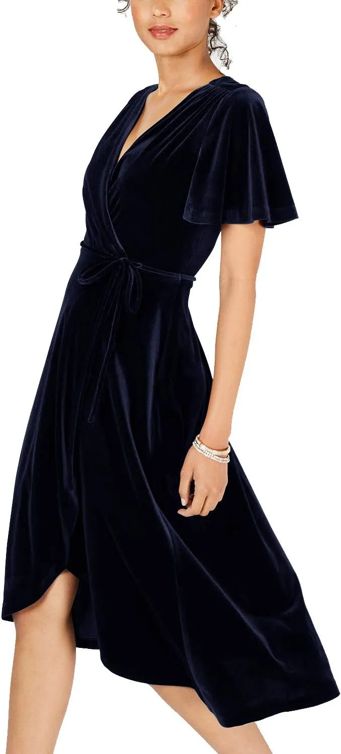 R.Vivimos Womens Velvet Pleated Wrap Tie Waist Elegant Flowy Party Plus Size Midi Dresses
