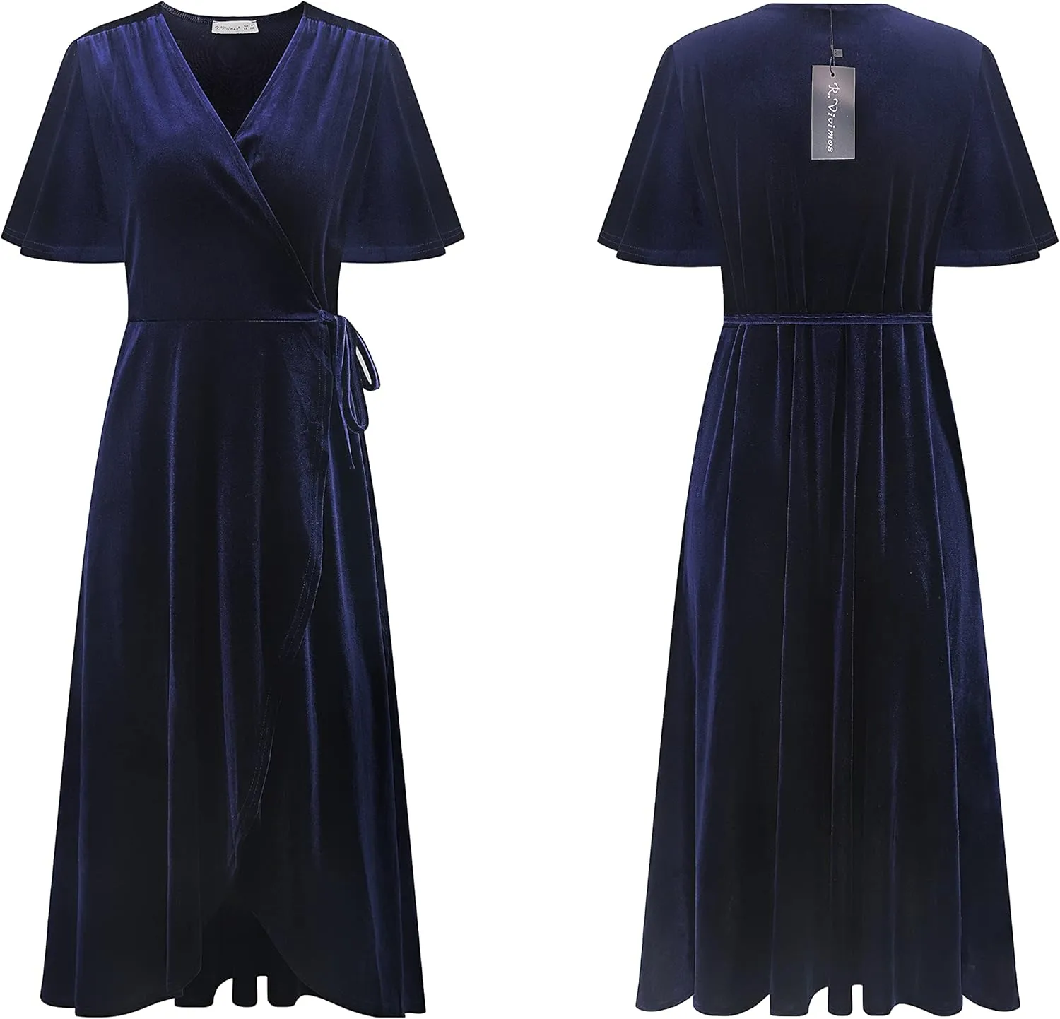 R.Vivimos Womens Velvet Pleated Wrap Tie Waist Elegant Flowy Party Plus Size Midi Dresses
