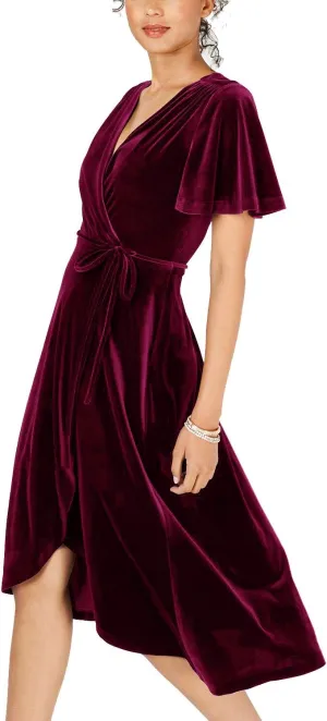 R.Vivimos Womens Velvet Pleated Wrap Tie Waist Elegant Flowy Party Plus Size Midi Dresses