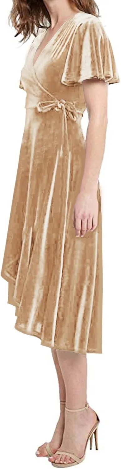 R.Vivimos Womens Velvet Pleated Wrap Tie Waist Elegant Flowy Party Plus Size Midi Dresses