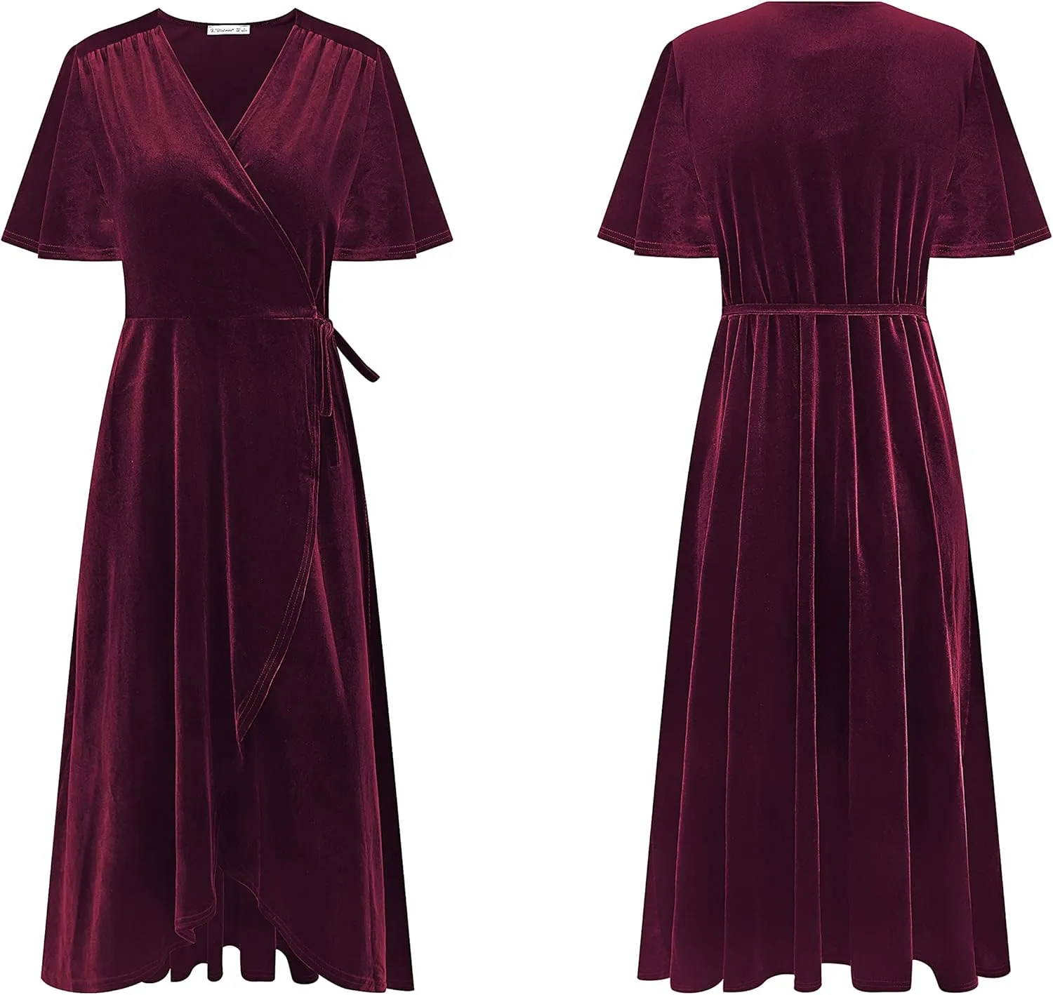 R.Vivimos Womens Velvet Pleated Wrap Tie Waist Elegant Flowy Party Plus Size Midi Dresses